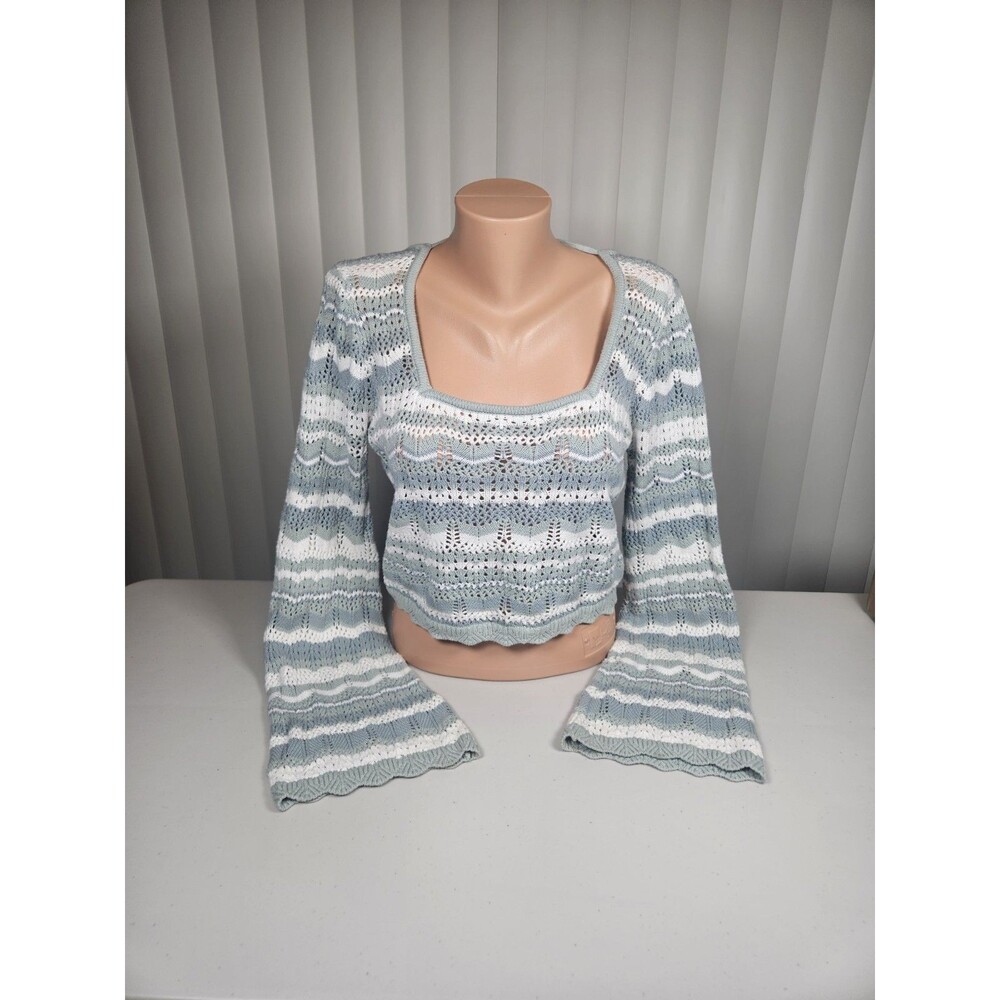 Y2K Hollister Bell Sleeve Sweater M Square Neck Crochet Knit Aquamarine Striped